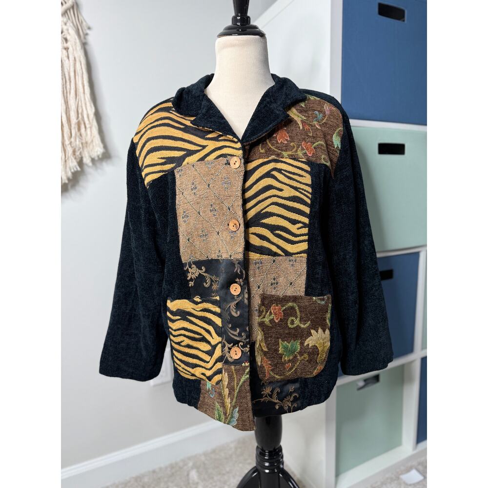 Women's Vintage Black Corduroy Patchwork Tapestry Barn Jacket Chore Coat XL